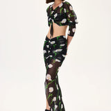 Flower Patterned Gathered Chiffon Skirt With Front Slit