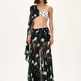 One Sleeved Half Polka Dot Half Flower Printed Chiffon Top