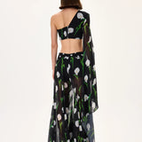 One Sleeved Half Polka Dot Half Flower Printed Chiffon Top