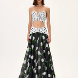 Flower Patterned Organza Skirt With Polka Dot Waistline