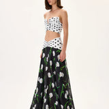 Flower Patterned Organza Skirt With Polka Dot Waistline