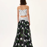 Flower Patterned Organza Skirt With Polka Dot Waistline