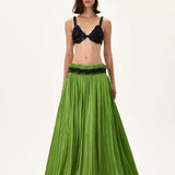Green Silk Shantung Pleated Maxi Skirt With Beaded Leaf Motive Strip Belt