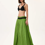 Green Silk Shantung Pleated Maxi Skirt With Beaded Leaf Motive Strip Belt