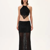 Black Beaded Net Midi Skirt