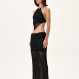 Black Beaded Net Halter Crop Top