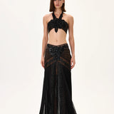Black Pleated Chiffon Skirt With Beaded Leaf Motive Strips And Fully Embroidered Flower