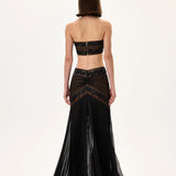 Black Pleated Chiffon Skirt With Beaded Leaf Motive Strips And Fully Embroidered Flower