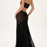 Black Pleated Chiffon Skirt With Beaded Leaf Motive Strips And Fully Embroidered Flower