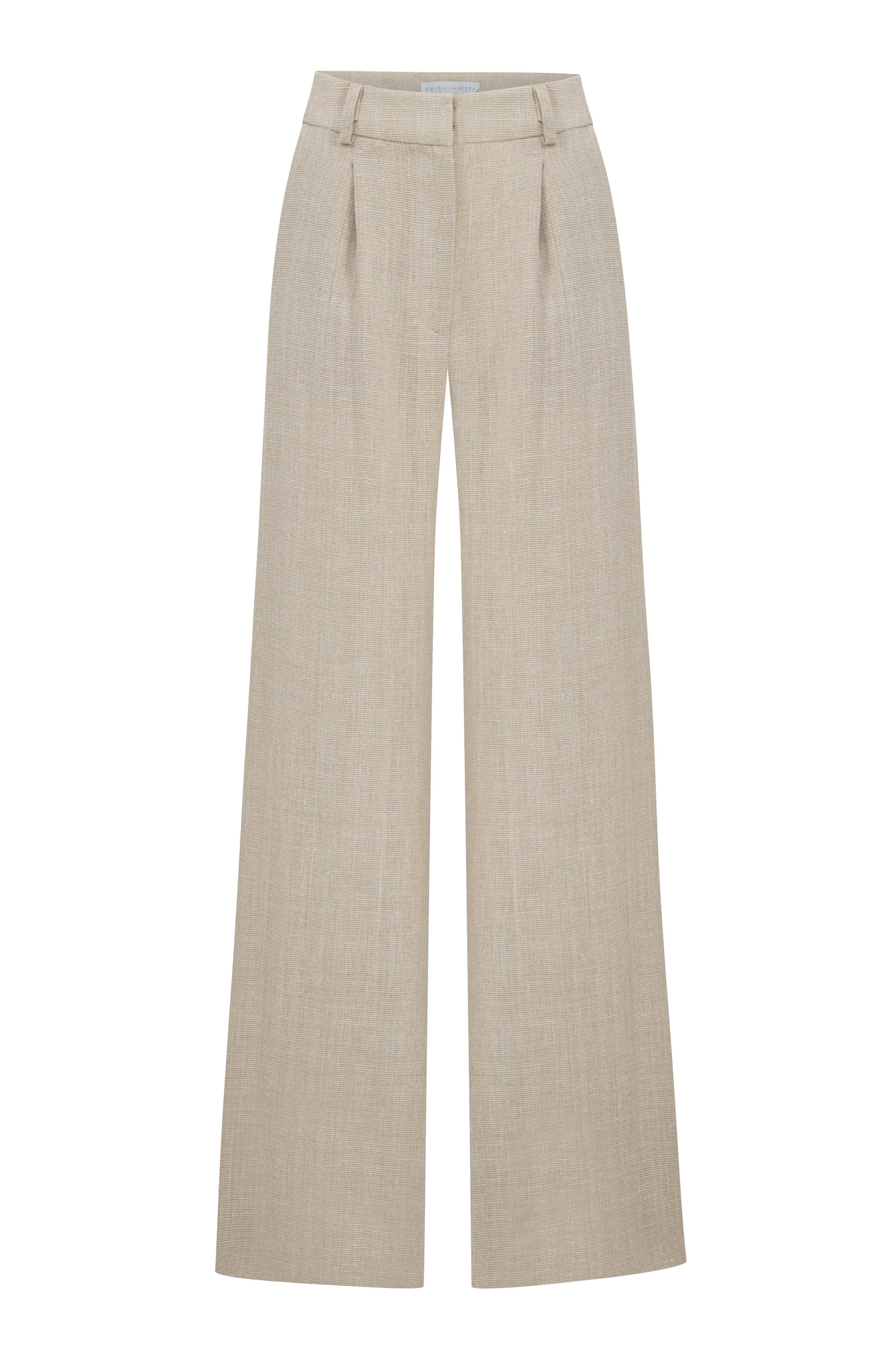 Beige Linen Pleated Pants