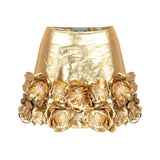 Gold Mini Skirt With Flower Details