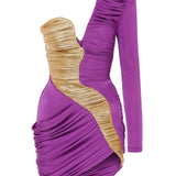 One Sleeve Purple Mini Dress with Drape and Gold Details