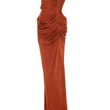 Strapless Terracotta Maxi Dress with High Slit and Gold Accessory Details