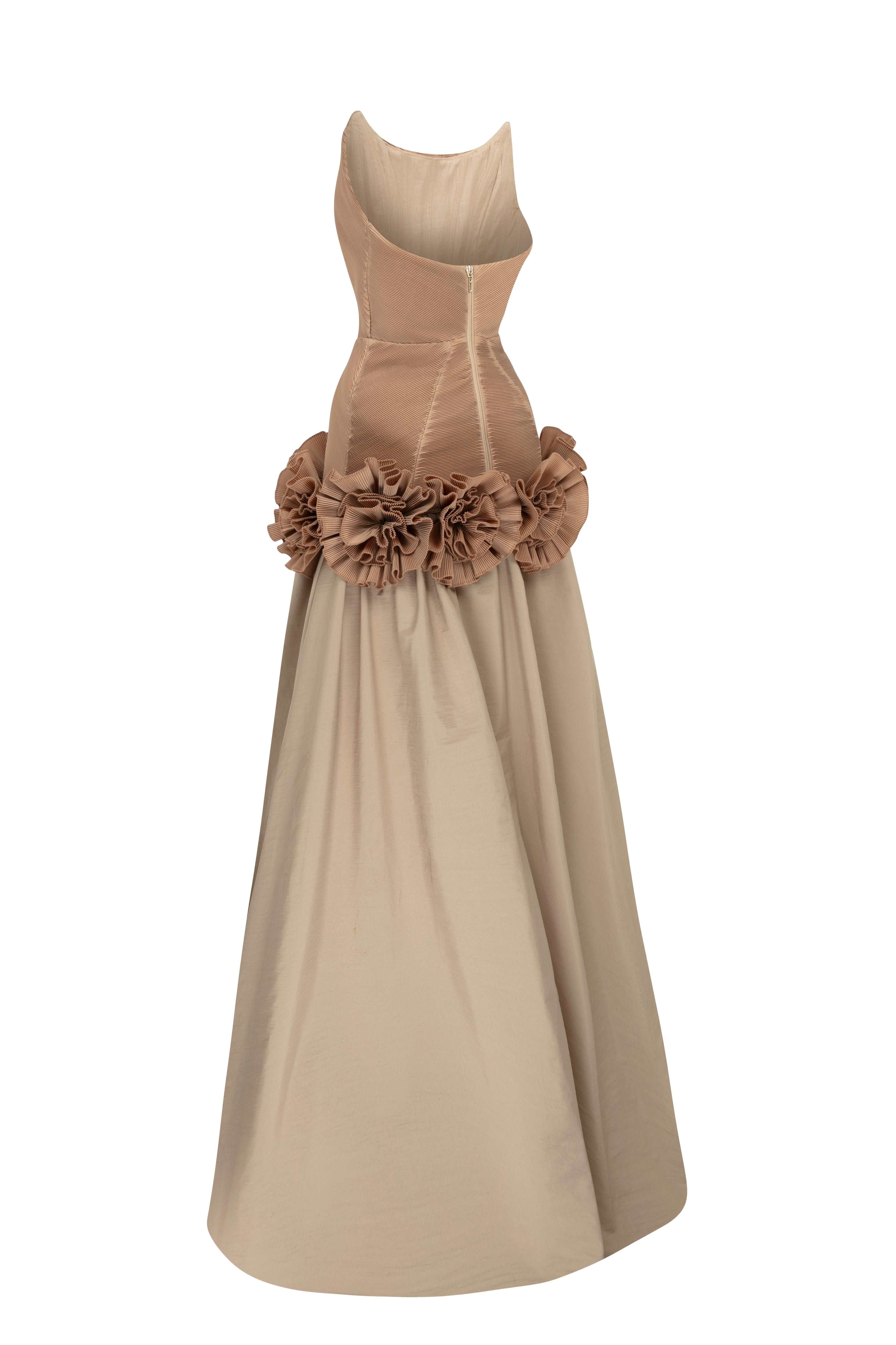 Beige Maxi Dress With Corset And Flower Details
