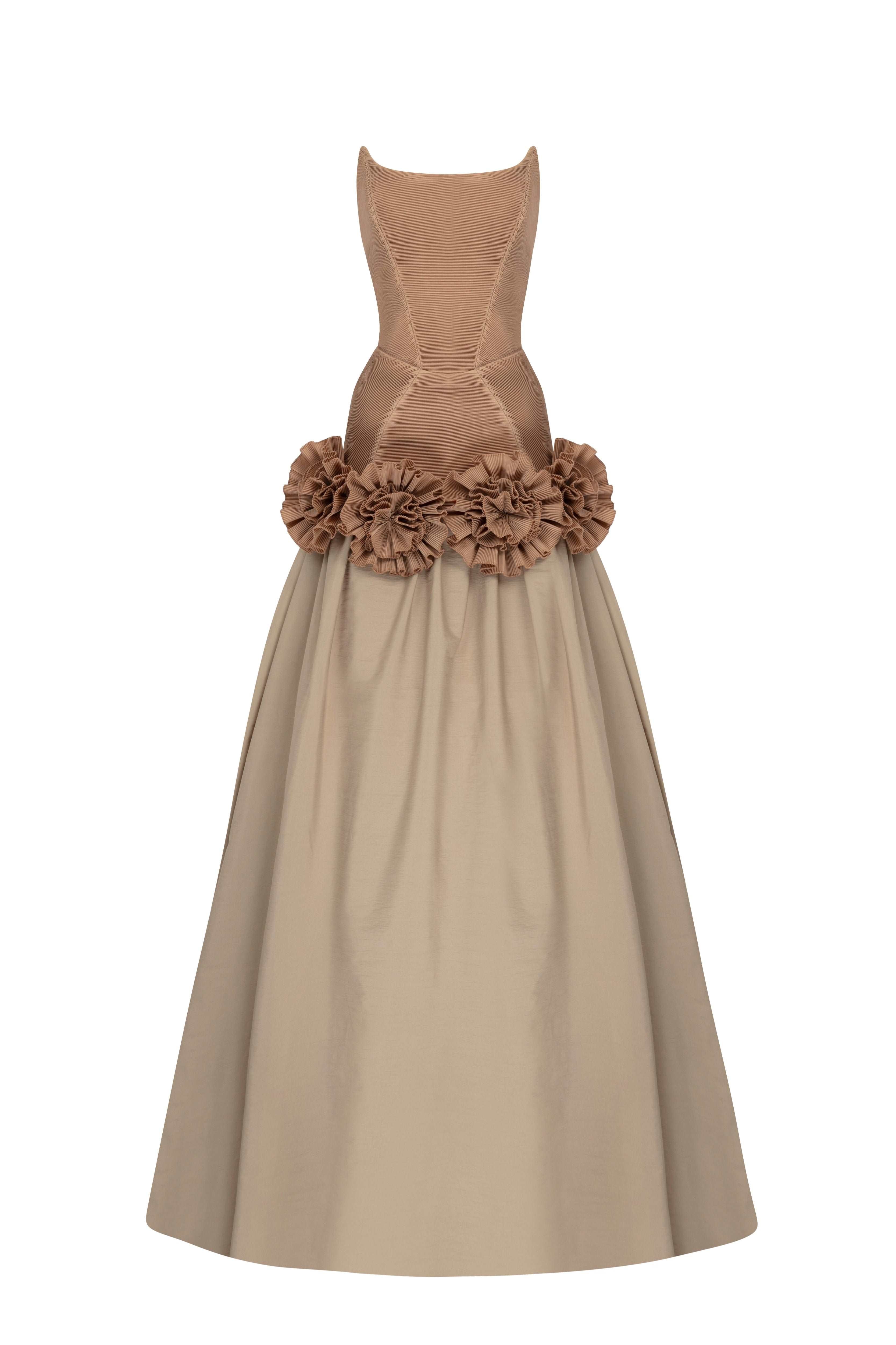Beige Maxi Dress With Corset And Flower Details