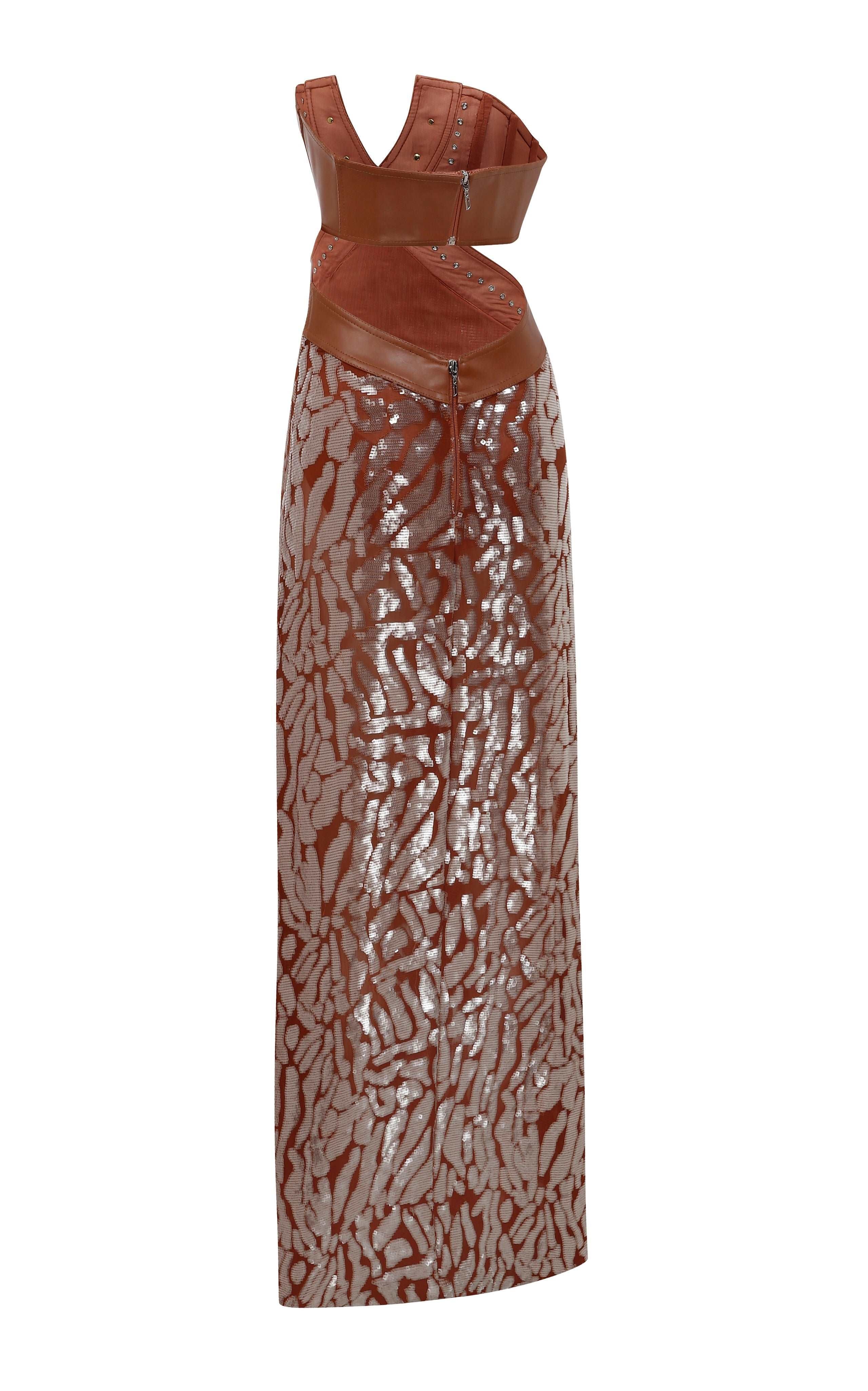 Chocolate Strapless Maxi Dress with Leather and Patterned Sequin Details