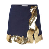 Navy Linen Mini Skirt With Gold Wavy Sequin Details