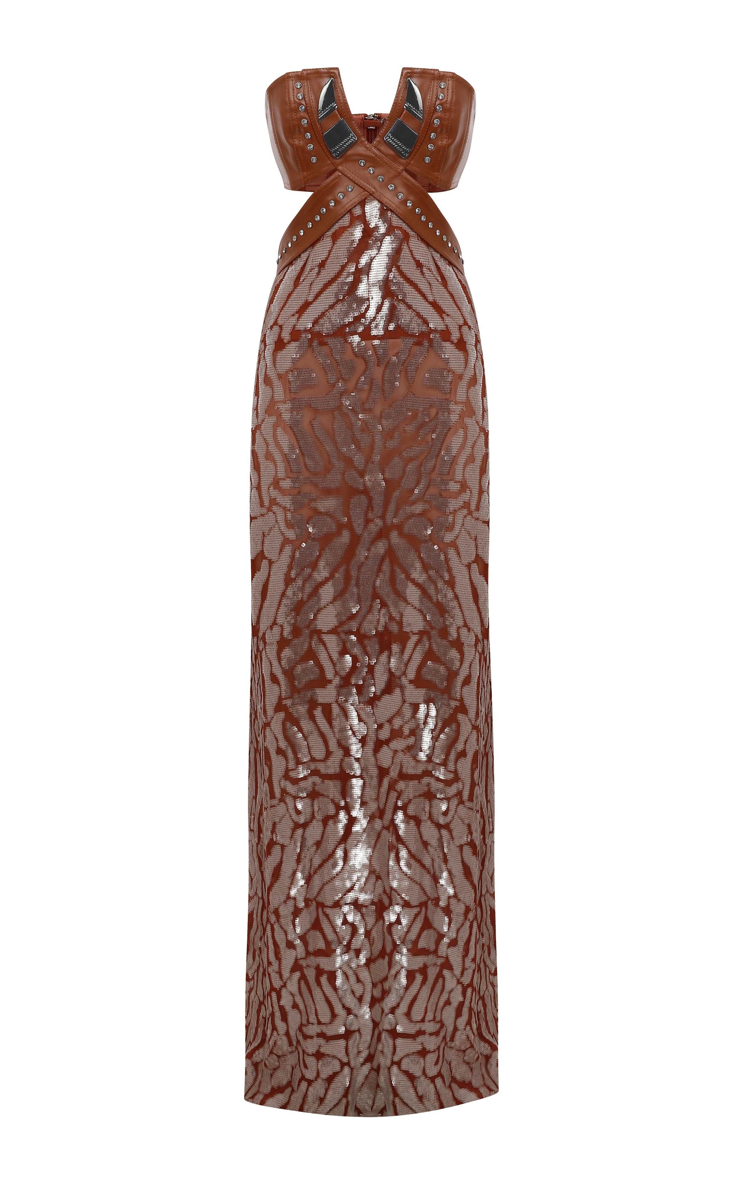 Chocolate Strapless Maxi Dress with Leather and Patterned Sequin Details