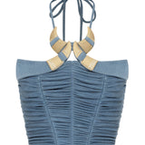 Indigo Buzzy Corset Top with Drape and Gold Ivory Accessory Details