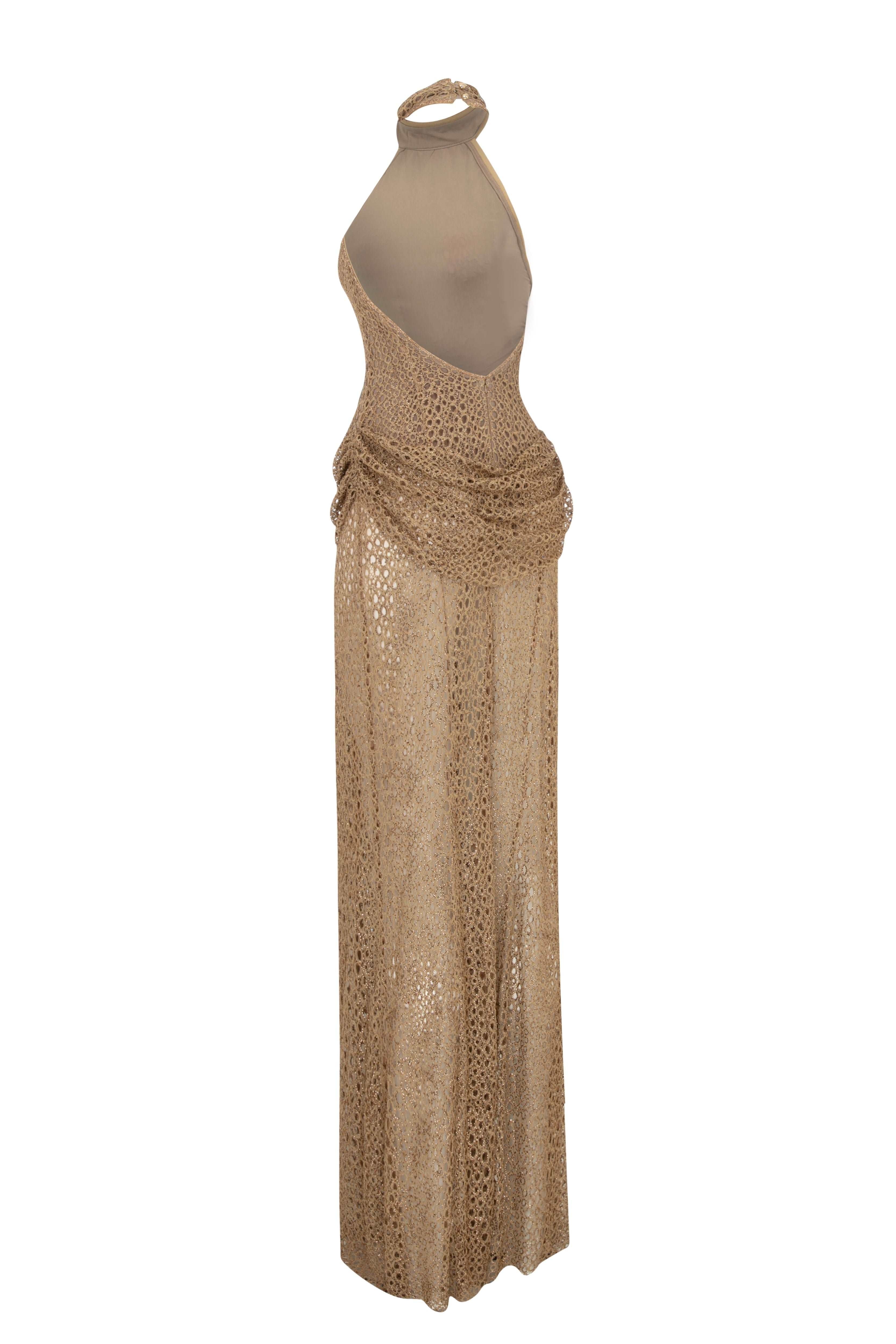 Beige Lace Crochet Halter Neck Maxi Dress with Embroidery Details