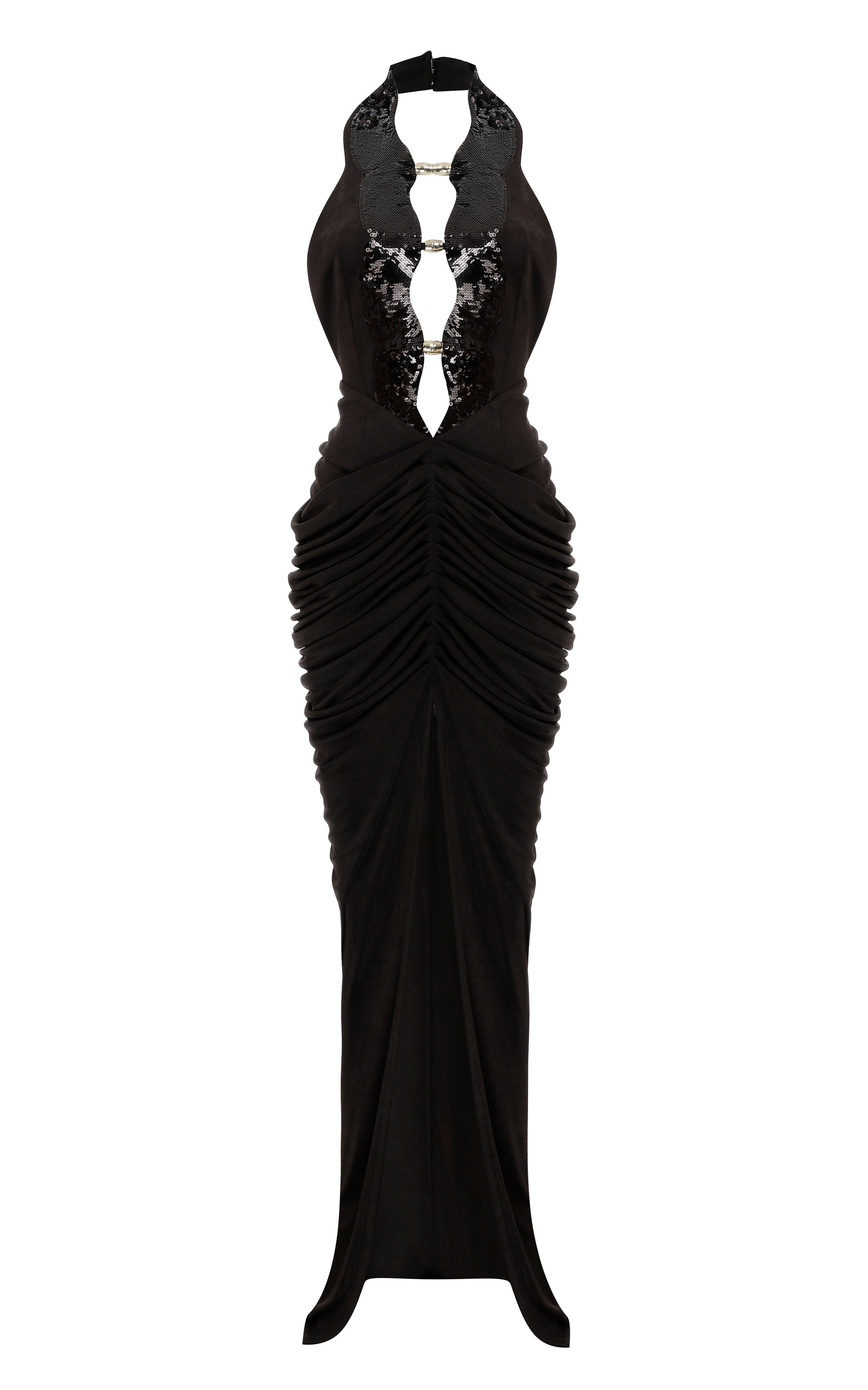 Draped Maxi Dress with Gold Ivory Accessory and Black Sequin