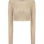 Beige Long Sleeve Crochet Crop Top with Lace Details