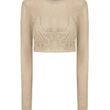 Beige Long Sleeve Crochet Crop Top with Lace Details