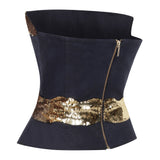 Navy Linen Corset Top with Gold Wavy Sequin Details