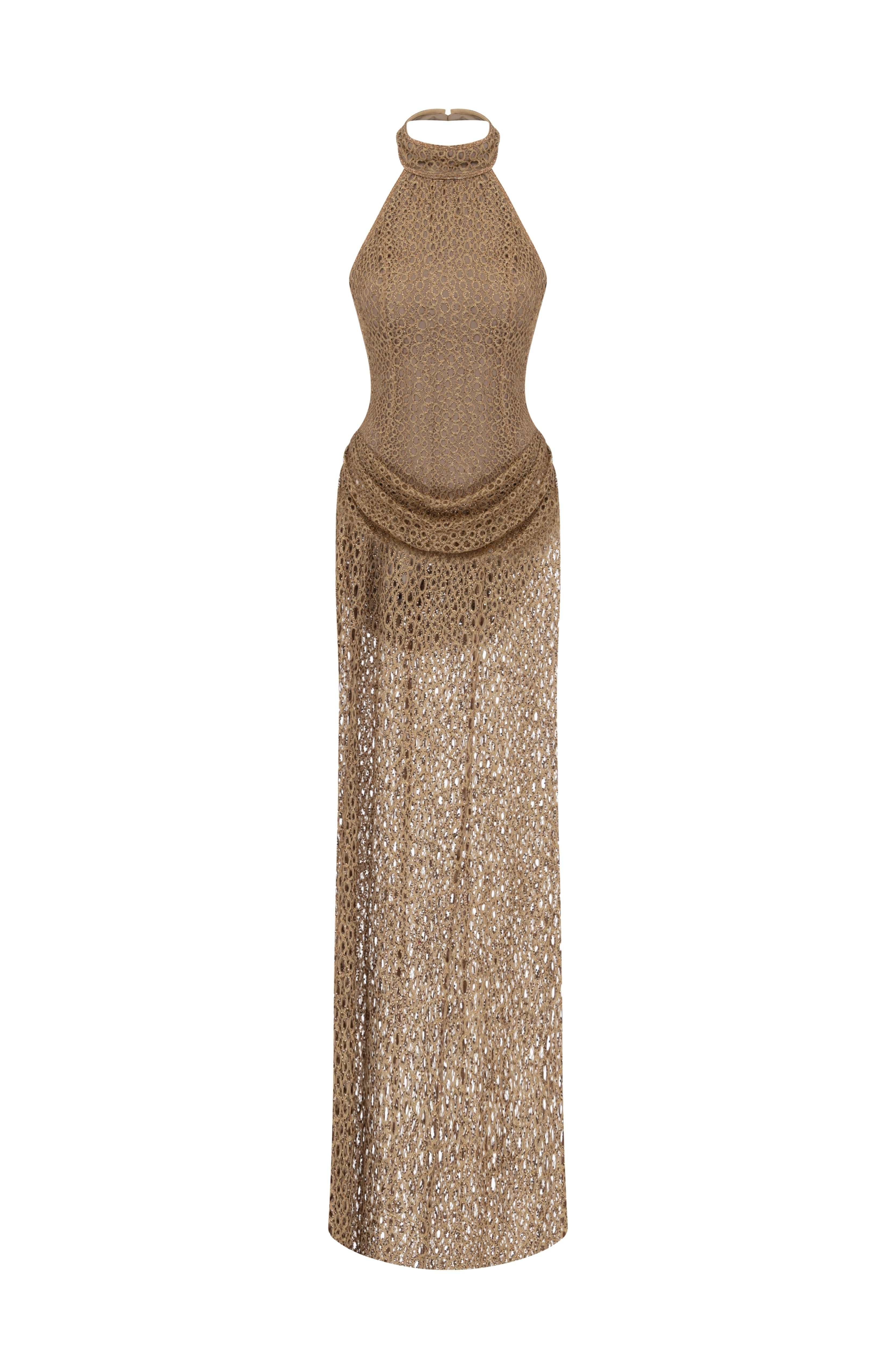 Beige Lace Crochet Halter Neck Maxi Dress with Embroidery Details