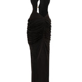 Draped Maxi Dress with Gold Ivory Accessory and Black Sequin Details