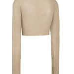 Beige Long Sleeve Crochet Crop Top with Lace Details