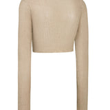 Beige Long Sleeve Crochet Crop Top with Lace Details