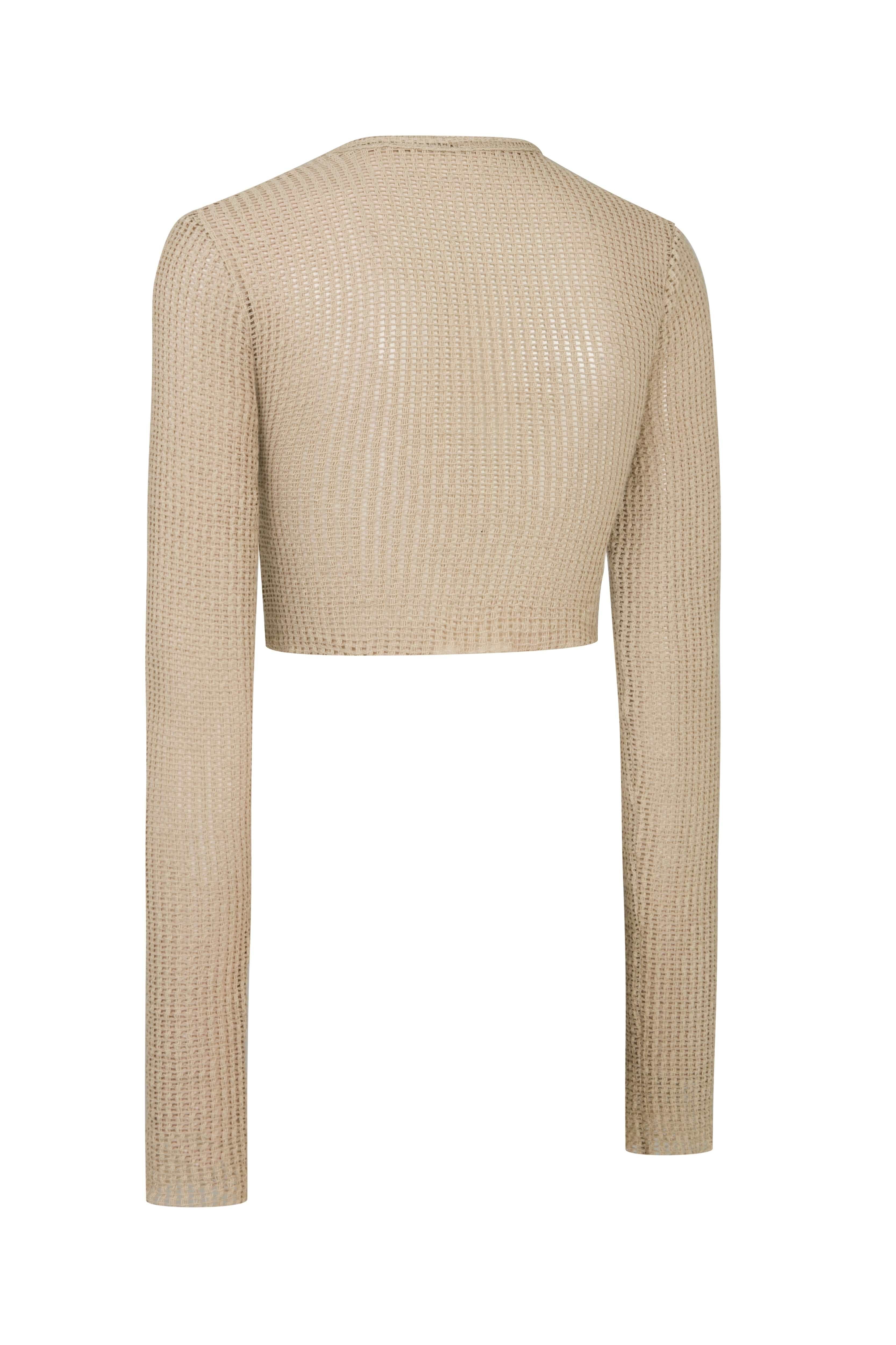 Beige Long Sleeve Crochet Crop Top with Lace Details