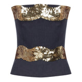 Navy Linen Corset Top with Gold Wavy Sequin Details