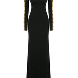 Black Maxi Dress With Cut Out And Gold Accessory Details