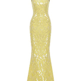 Lemon Turtle Neck Maxi Dress with Patterned Sequin Details and Open Back