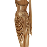 Gold Afrodit One Shoulder Midi Dress with Drape Details