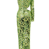 Pistachio One Shoulder Maxi Dress with Patterned Sequin and High Slit Details