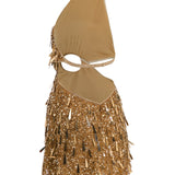 Gold Halter Neck Mini Dress with Dripping Sequin and Embroidery Details