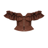 Brown Low Shouldered Top With Ruffle And Front Zipper Details