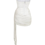 White Embroidery Striped Mini Dress With Corset And Drape Details