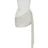 White Embroidery Striped Mini Dress With Corset And Drape Details