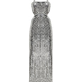 Silver Chiffon Maxi Dress with Round Sequin and Cutout Details