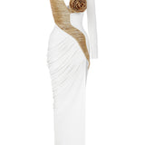 Gold and White Medusa Maxi Dress with High Slit and Rose Details