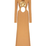 Beige Tricot Maxi Dress with Flower and Cutout Details