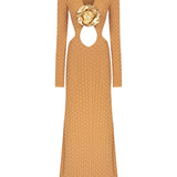 Beige Tricot Maxi Dress with Flower and Cutout Details