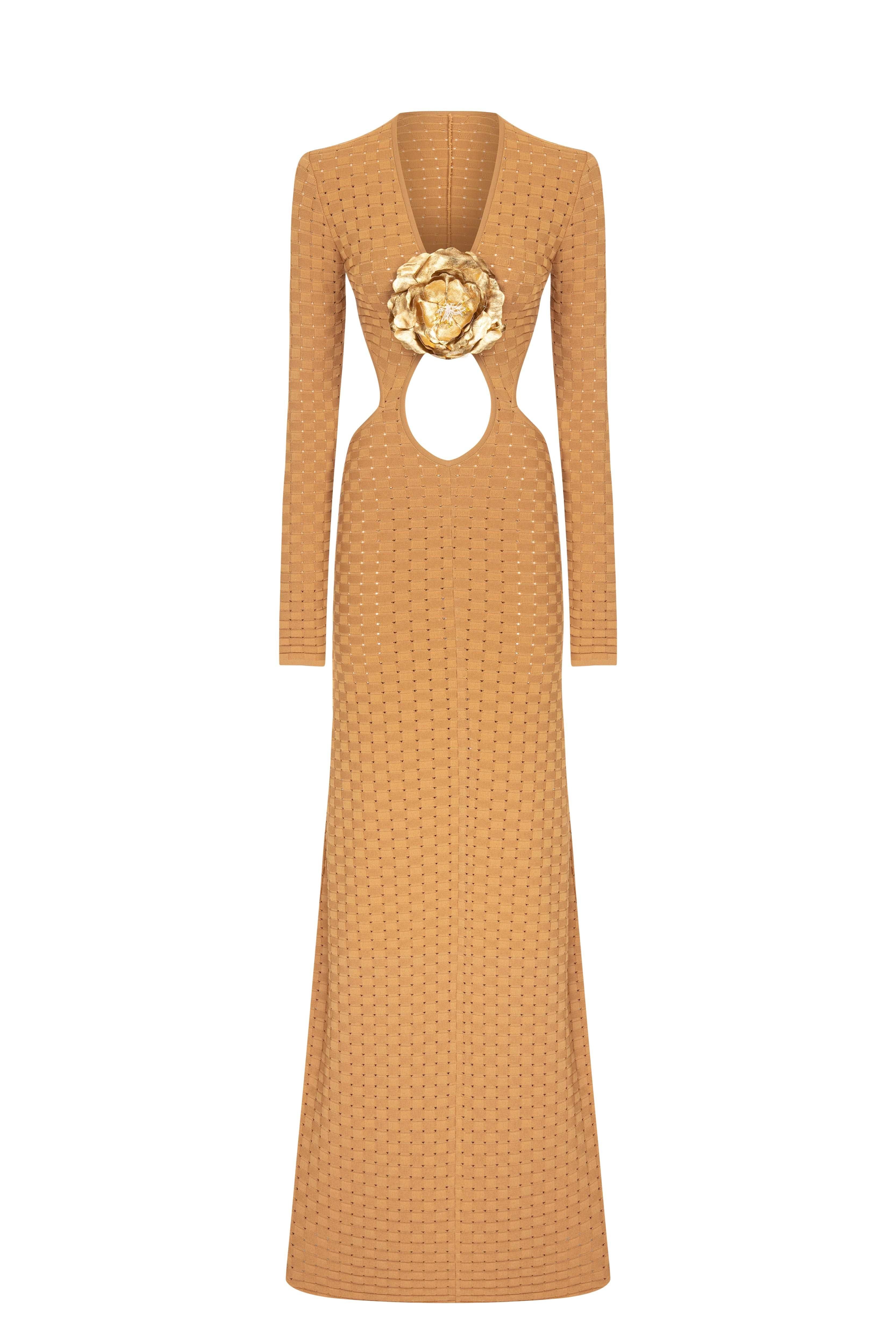 Beige Tricot Maxi Dress with Flower and Cutout Details