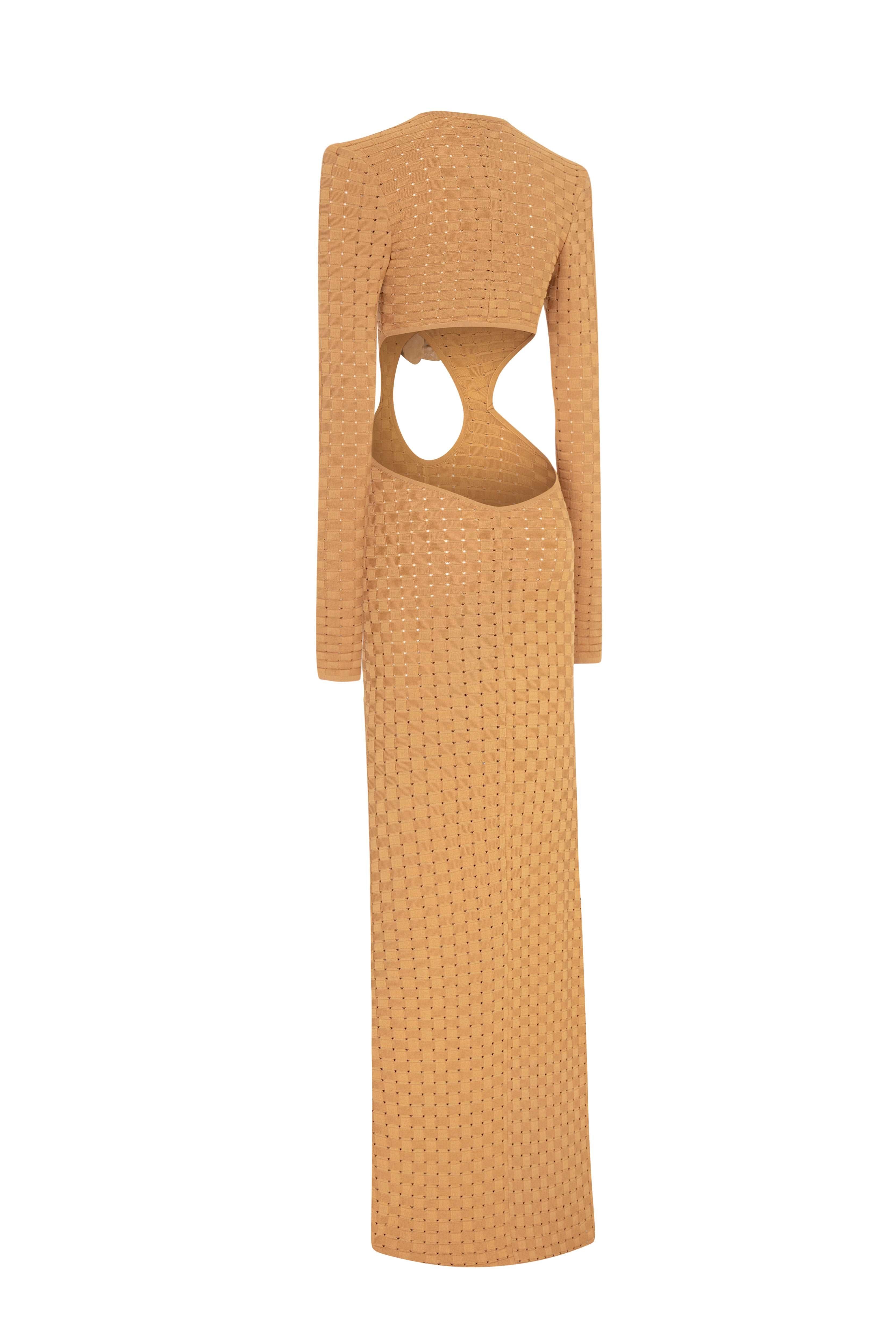 Beige Tricot Maxi Dress with Flower and Cutout Details
