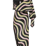 Amazonica Chiffon Wavy Striped One Shoulder Midi Dress with Black Sequin and High Slit Details