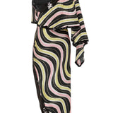 Amazonica Chiffon Wavy Striped One Shoulder Midi Dress with Black Sequin and High Slit Details